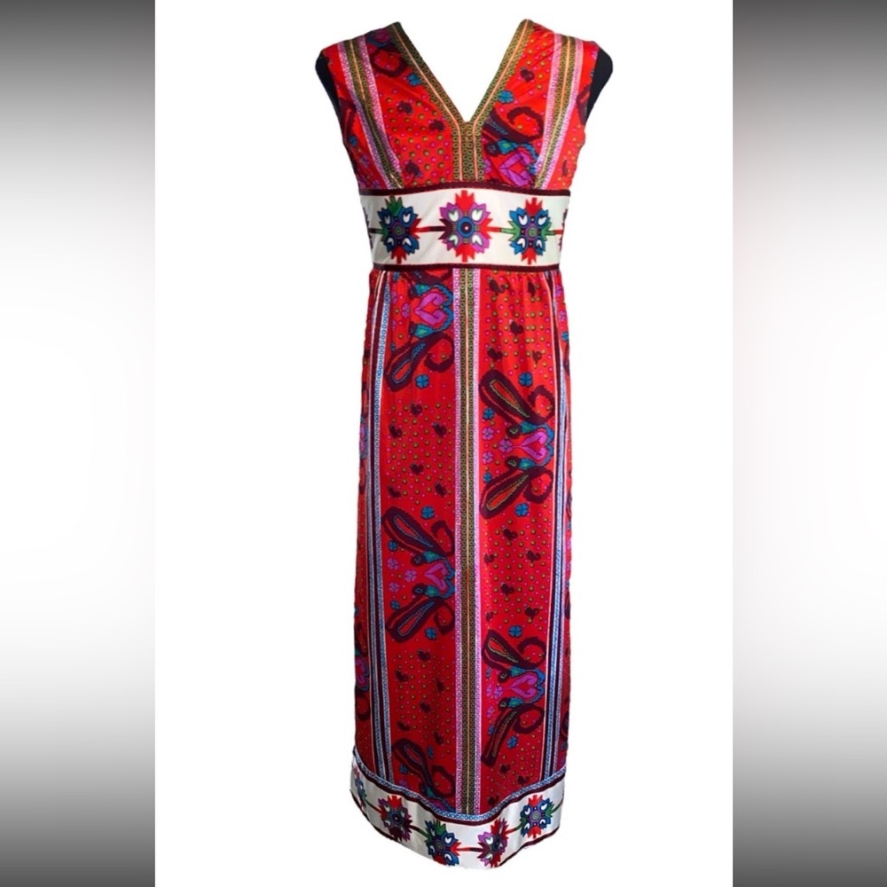 VTG Wilroy traveller NY Satin Print Handmade Maxi Dress RED Abstract 70s Groovy